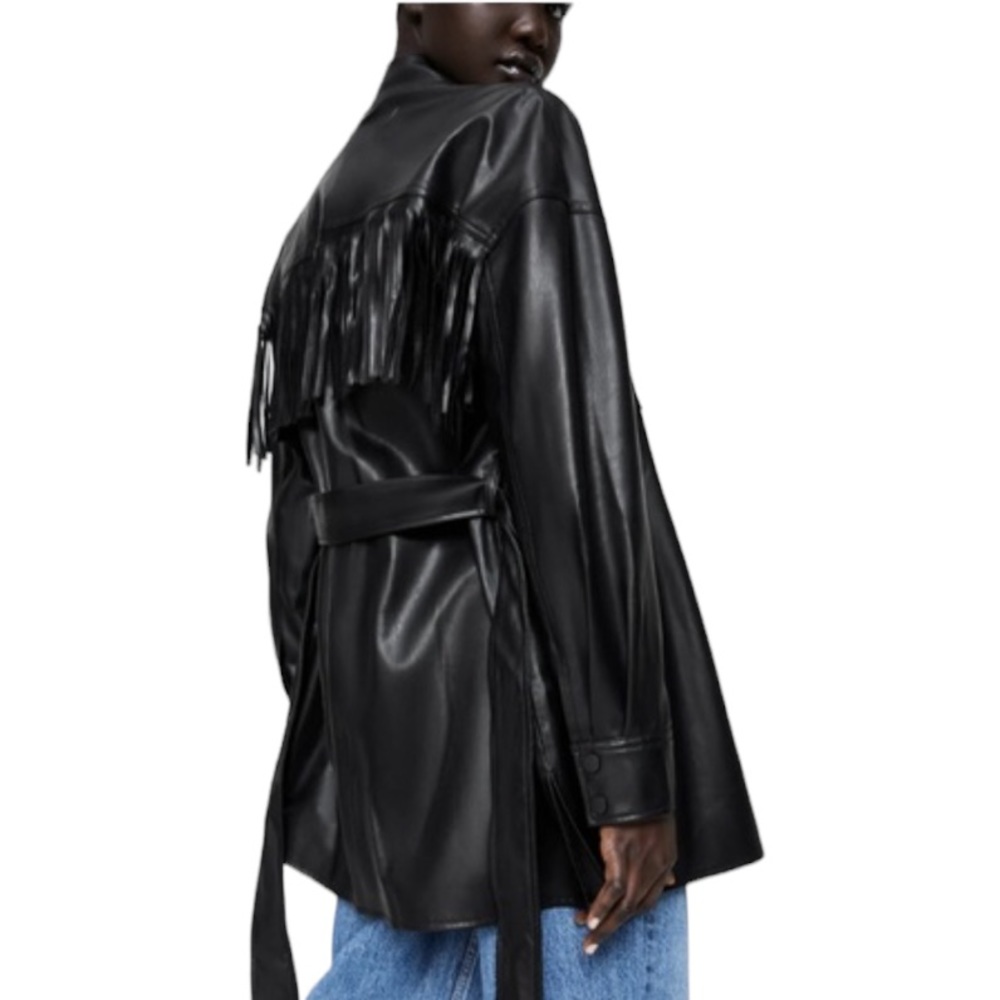 ZARA: NWT Black Faux Leather Fringe Jacket - Size Medium - Picture 4 of 16